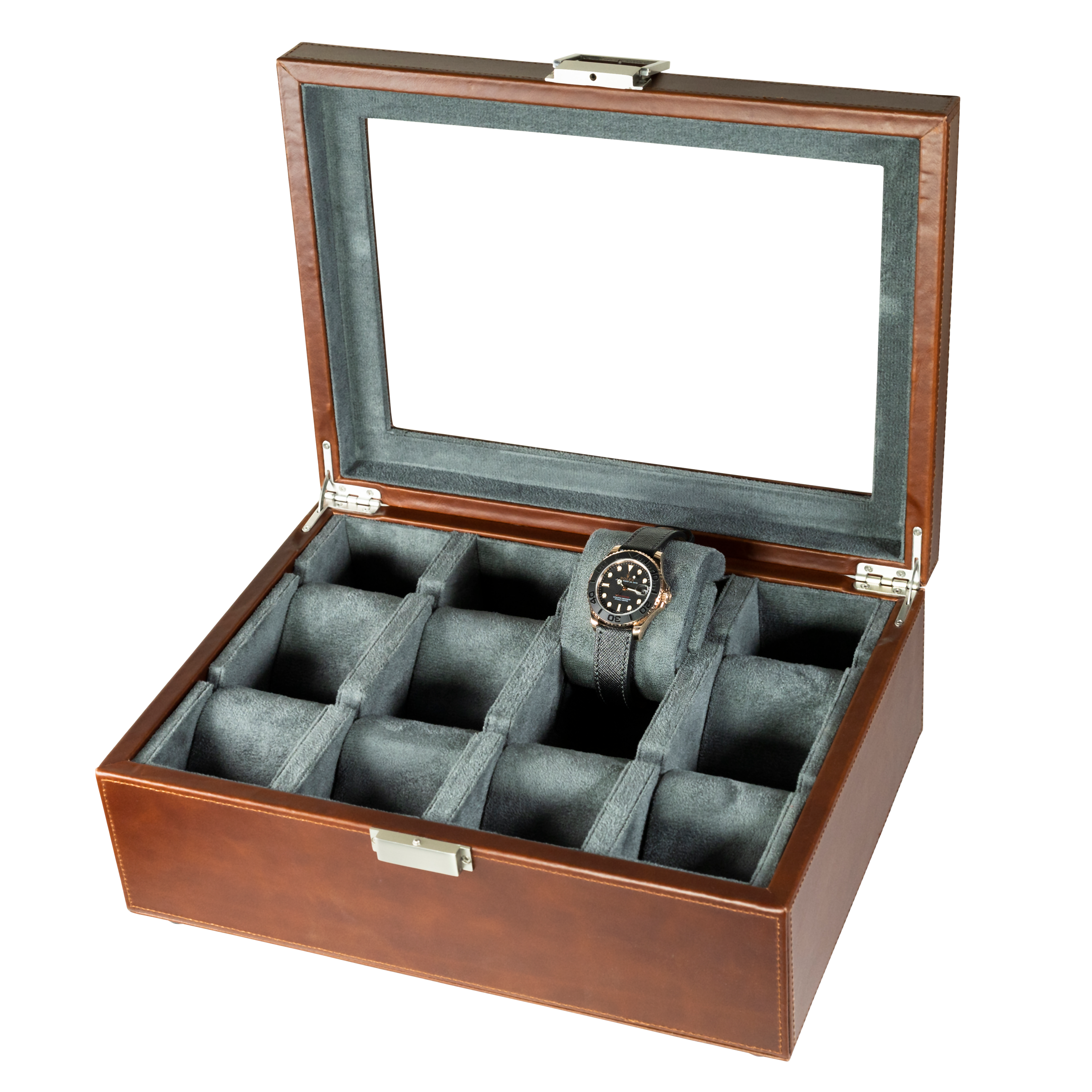 Jefferson - 8 Watch Box - Dark Brown Leather | Grey Velvet