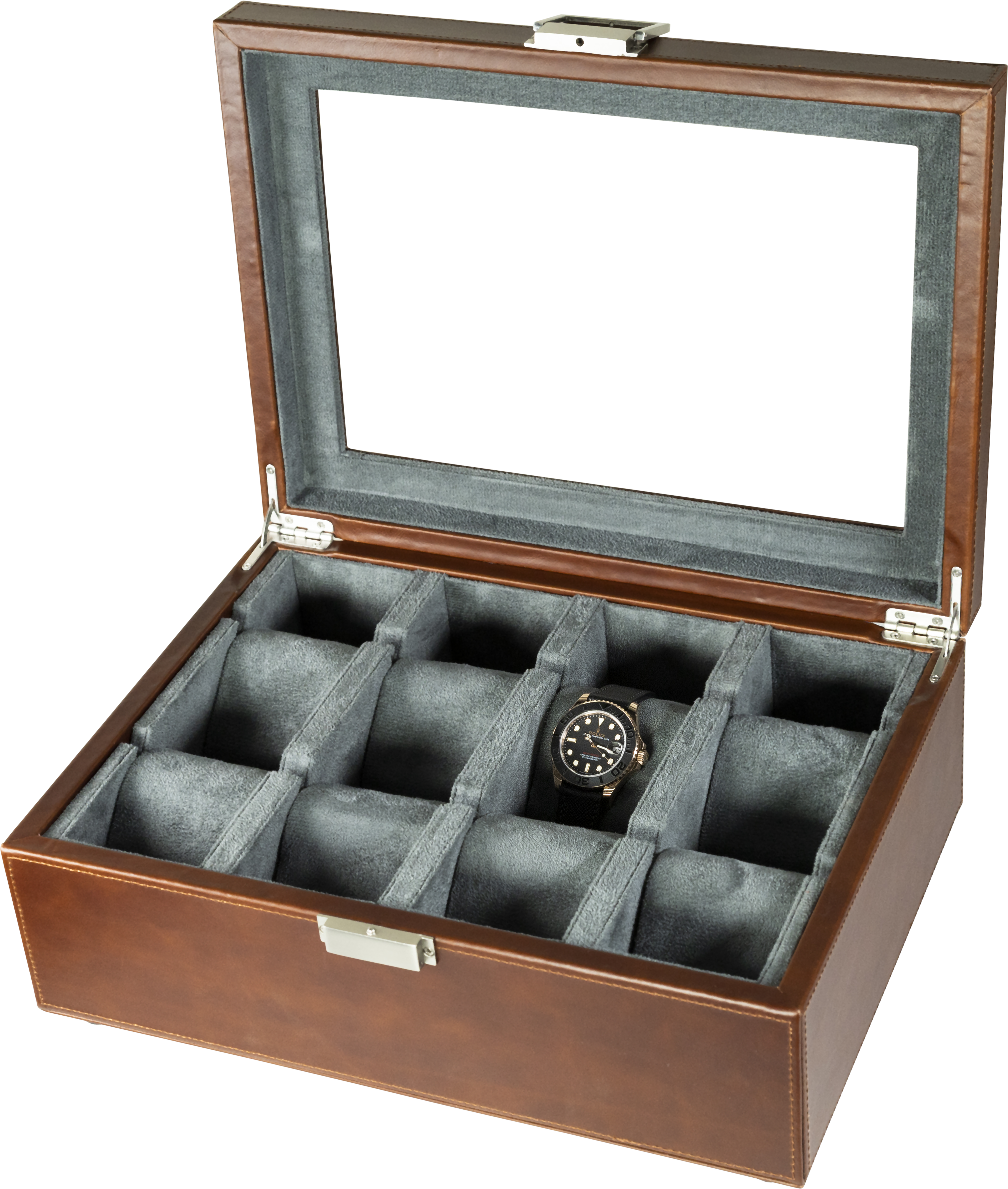 Jefferson - 8 Watch Box - Dark Brown Leather | Grey Velvet