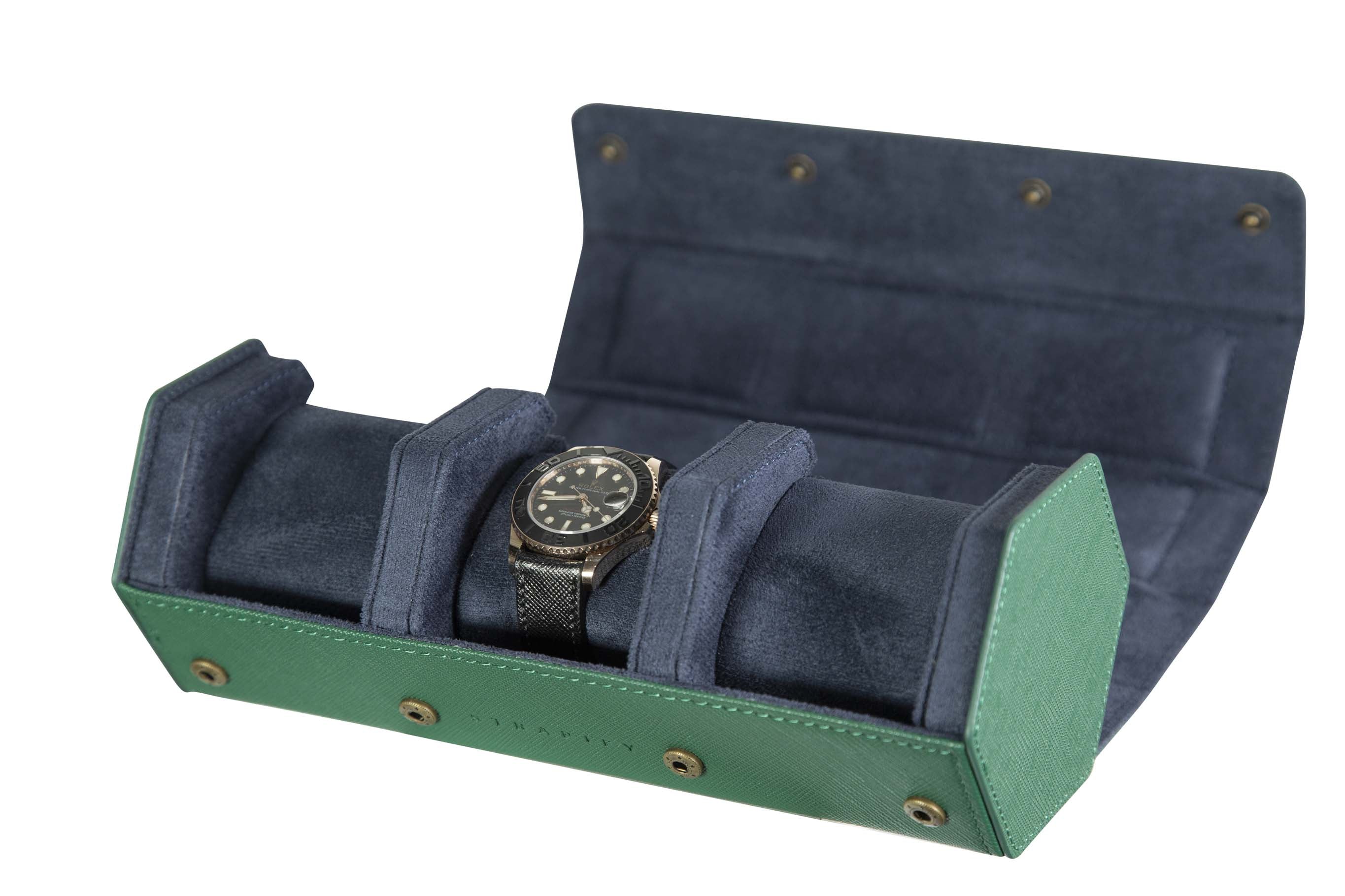 Jefferson - 3 Watch Roll - Saffiano Green | Navy Blue Velvet