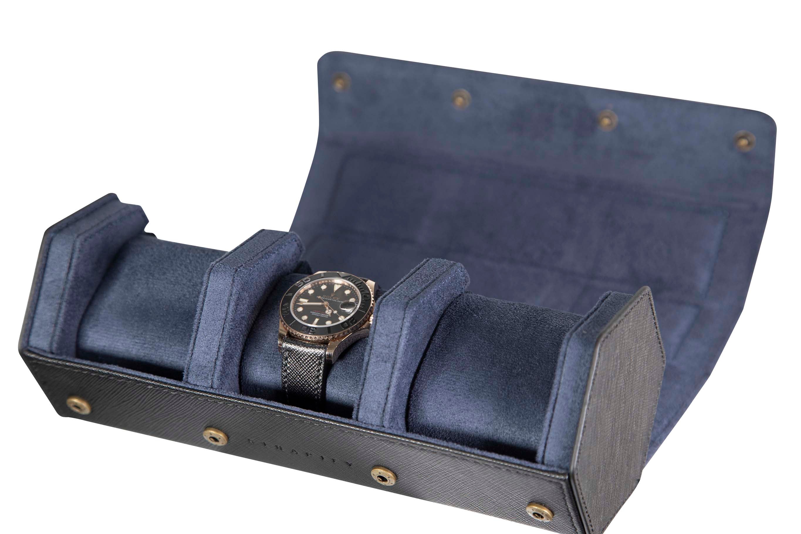 Jefferson - 3 Watch Roll - Saffiano Black | Navy Blue Velvet